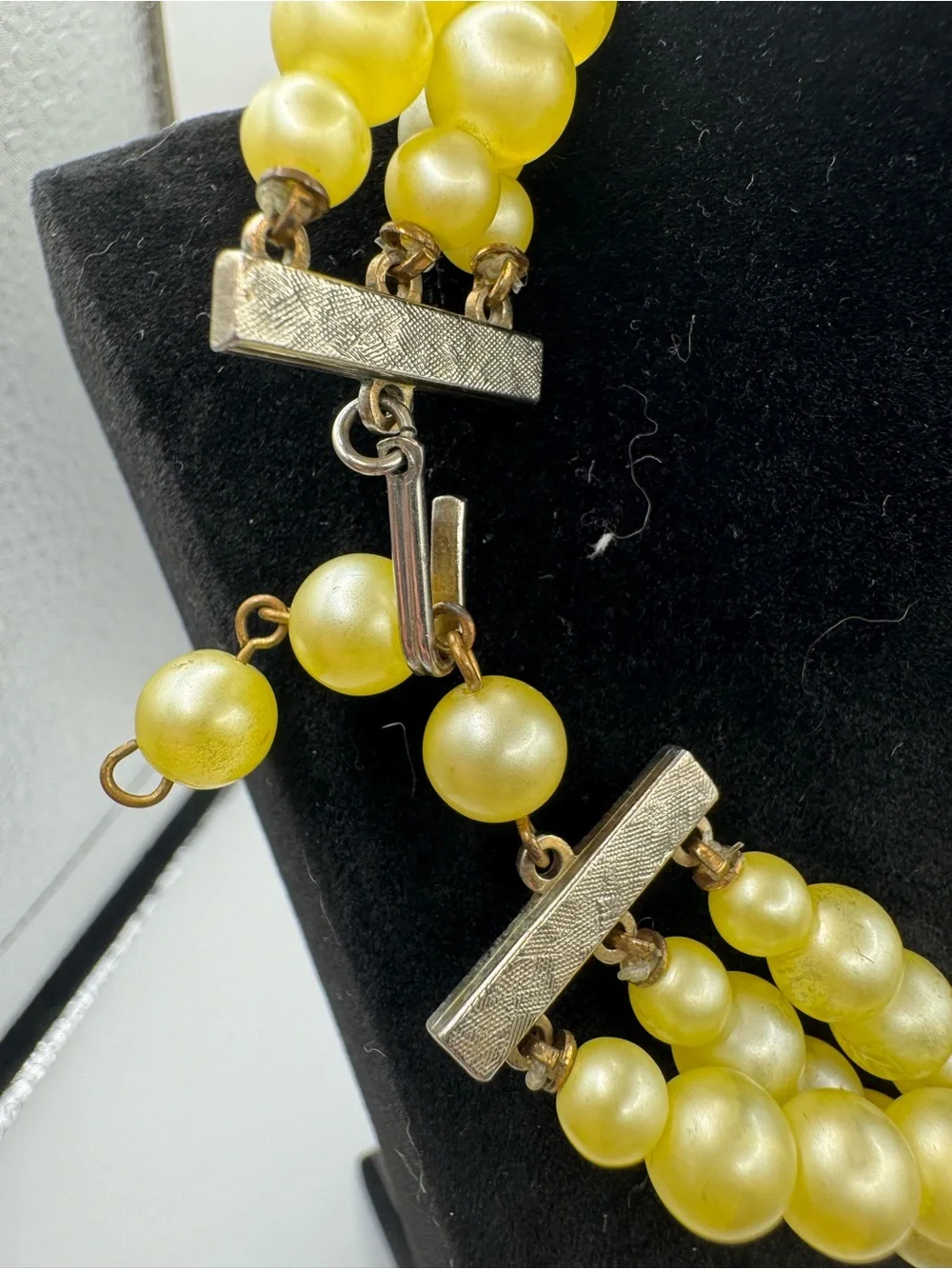 Vintage Triple-Strand Yellow Faux Pearl and AB Crystal Necklace